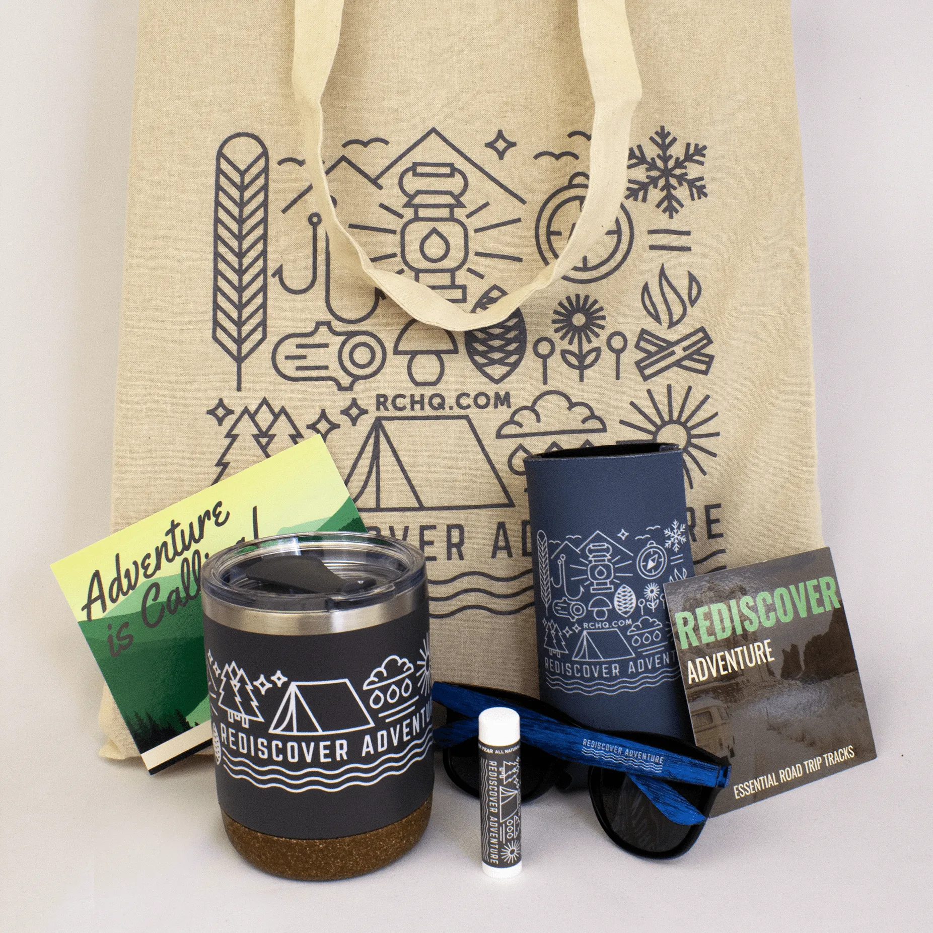 Branded company store products including tote, tumbler, and accessories