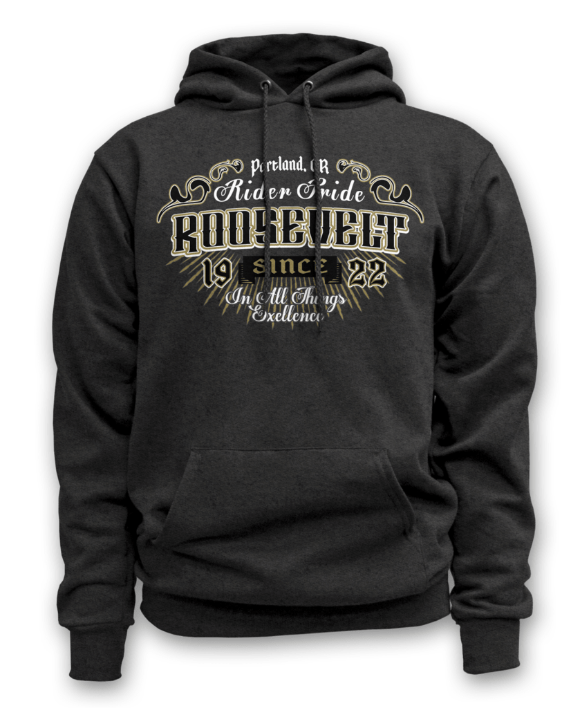 Grey custom printed hoodie that has a "Roosevelt" logo in the center.
