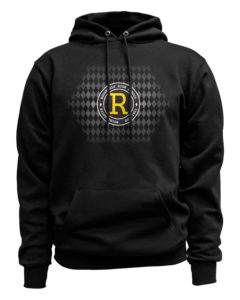 Custom printed hoodie that is black with a yellow "R" logo