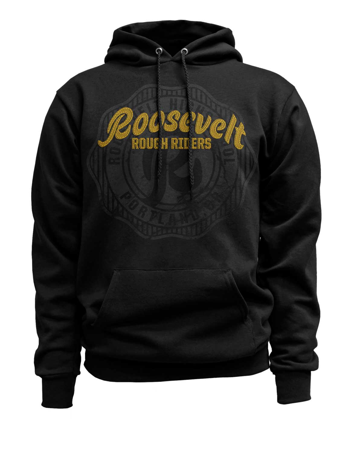Custom printed hoodie with yellow "Roosevelt" logo in center.