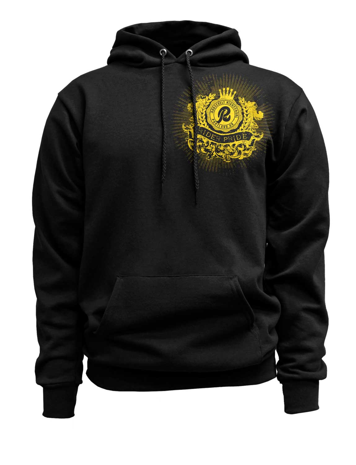 Black custom printed hoodies with a yellow logo on top right that say Riders Pride
