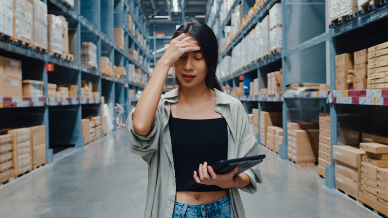 Women in warehouse frustrated and wondering how to be more flexible with supply chain disruptions