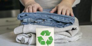Affordable Sustainable Clothing concept. A stack of clothes is on the recycling table. Collection of clothes for recycling.