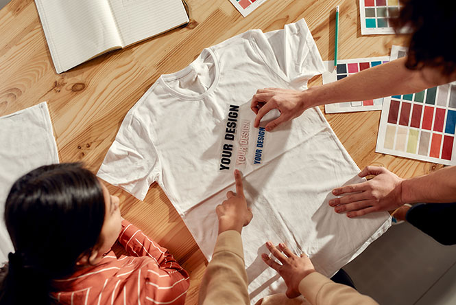 Designers collaborating on an apparel design with a white T-shirt laid out on a table, featuring a placeholder text for a custom print, surrounded by color swatches and design tools.