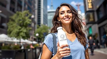 Woman carrying branded promotional drinkware