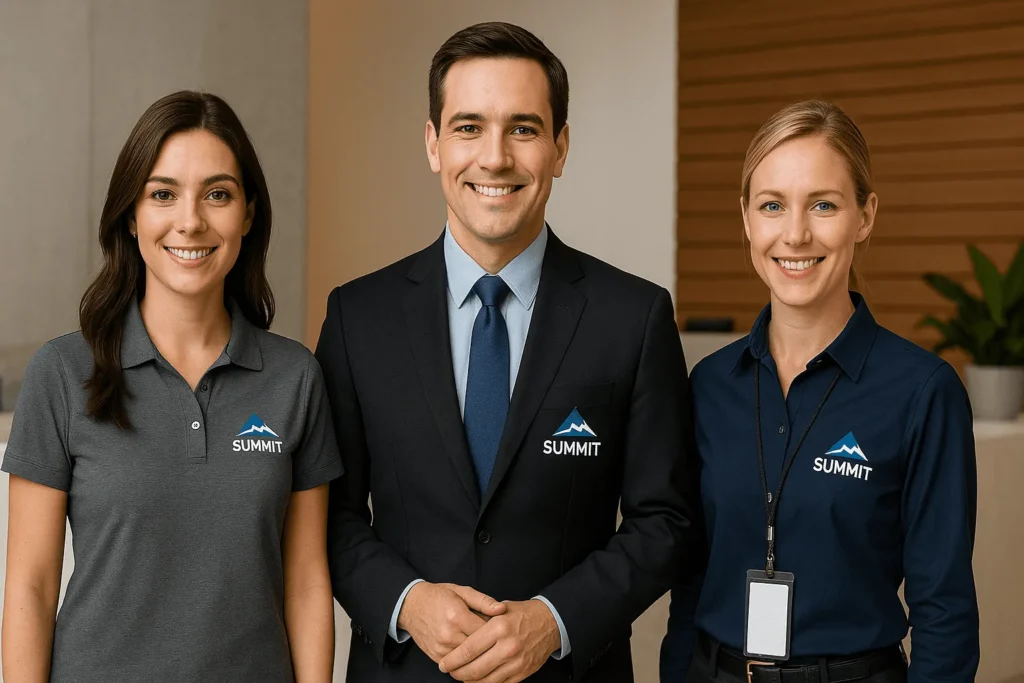 Three smiling employees, one in a suit, two in branded SUMMIT polos, representing uniform essentials from Righteous.