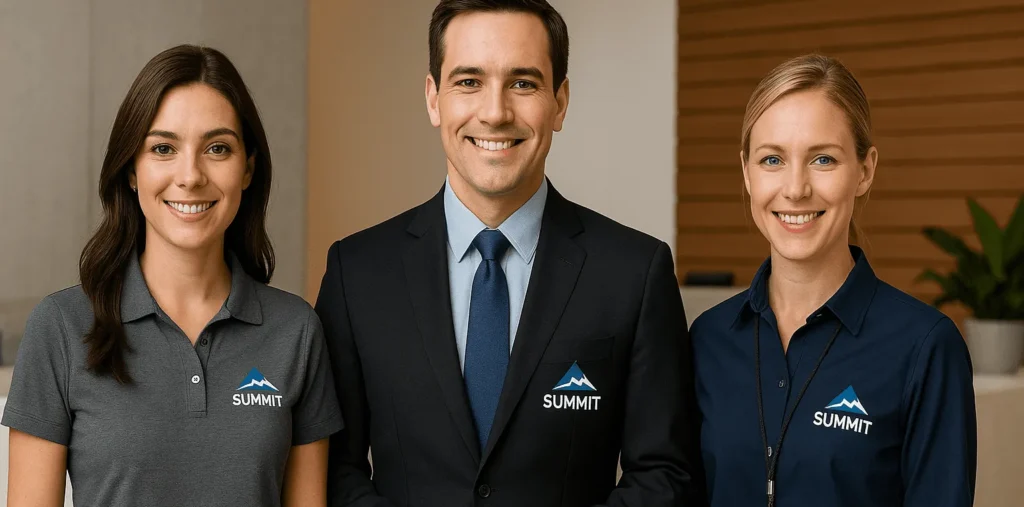 Three smiling professionals wearing Righteous Clothing Agency Summit-branded apparel in a modern office setting.