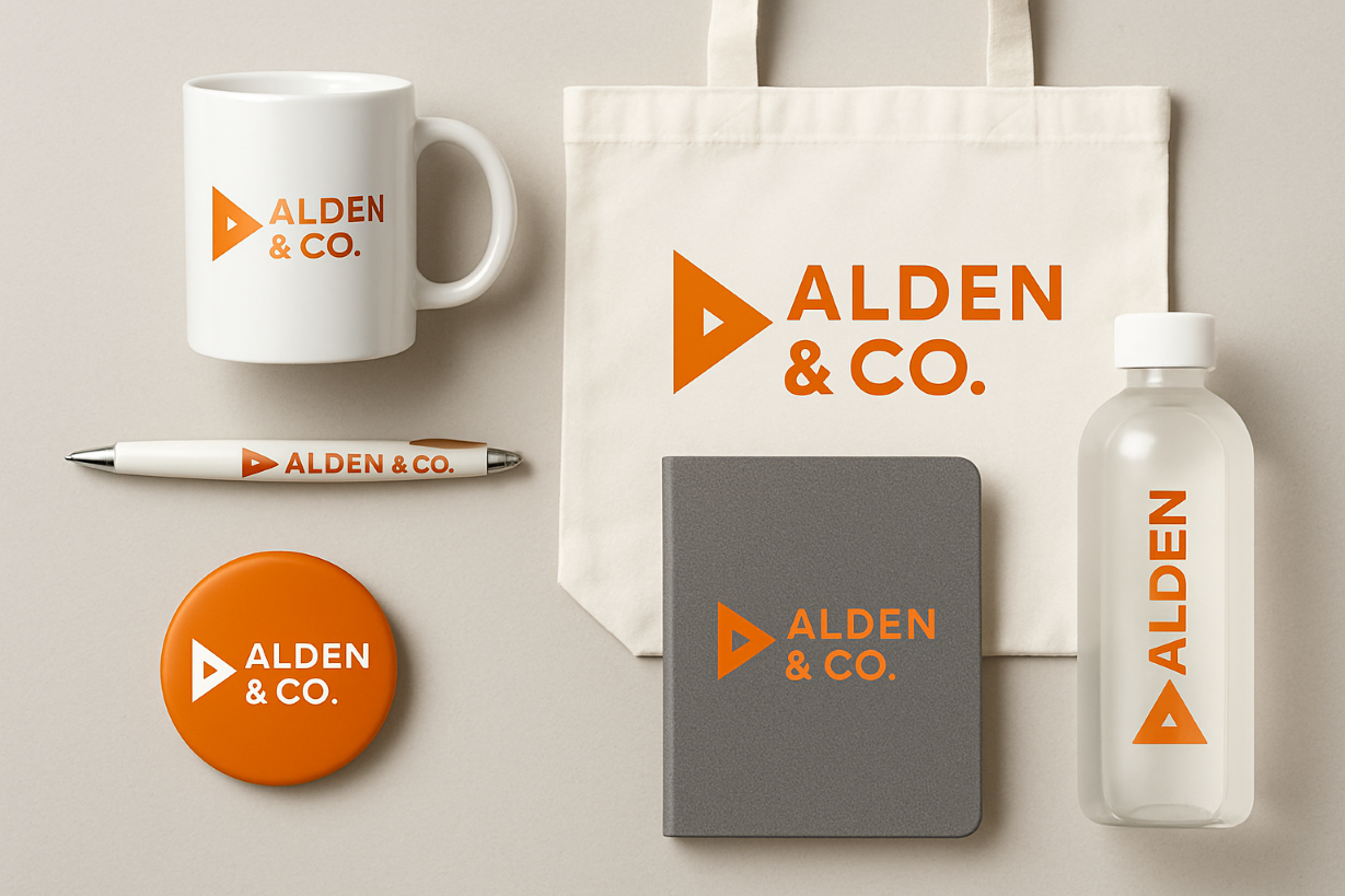 Custom employee gift set with Alden & Co. branding, including a mug, tote, notebook, pen, bottle, and button.