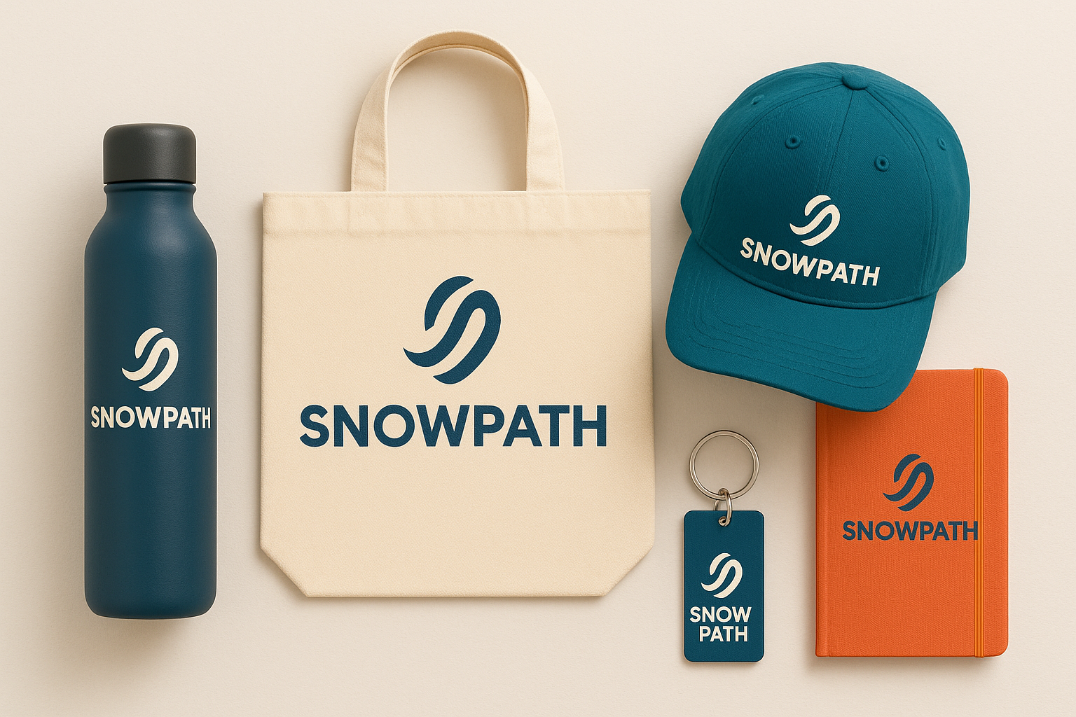 RCHQ flat lay of Snowpath promo merch: blue bottle, beige tote, blue cap, and orange notebook.