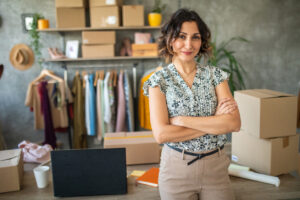 Righteous Clothing Agency founder standing in a studio with apparel racks and packed boxes behind her.