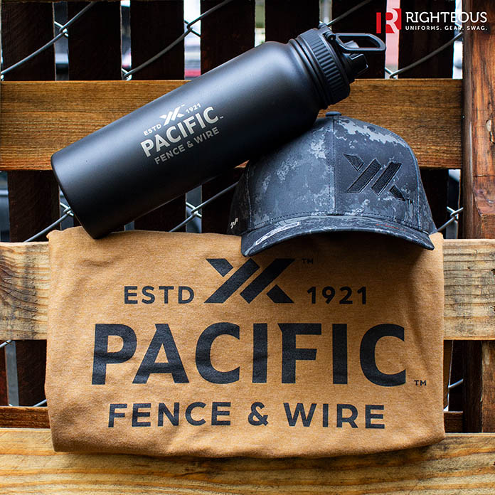 Custom-branded corporate swag set by RCHQ, including Pacific Fence & Wire water bottle, cap, and T-shirt.