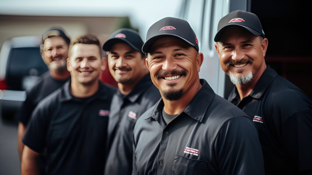 Five team members in black shirts and matching logo hats from Righteous.