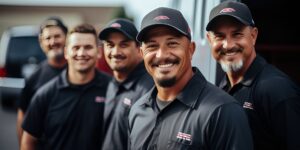 Five team members in black shirts and matching logo hats from Righteous.
