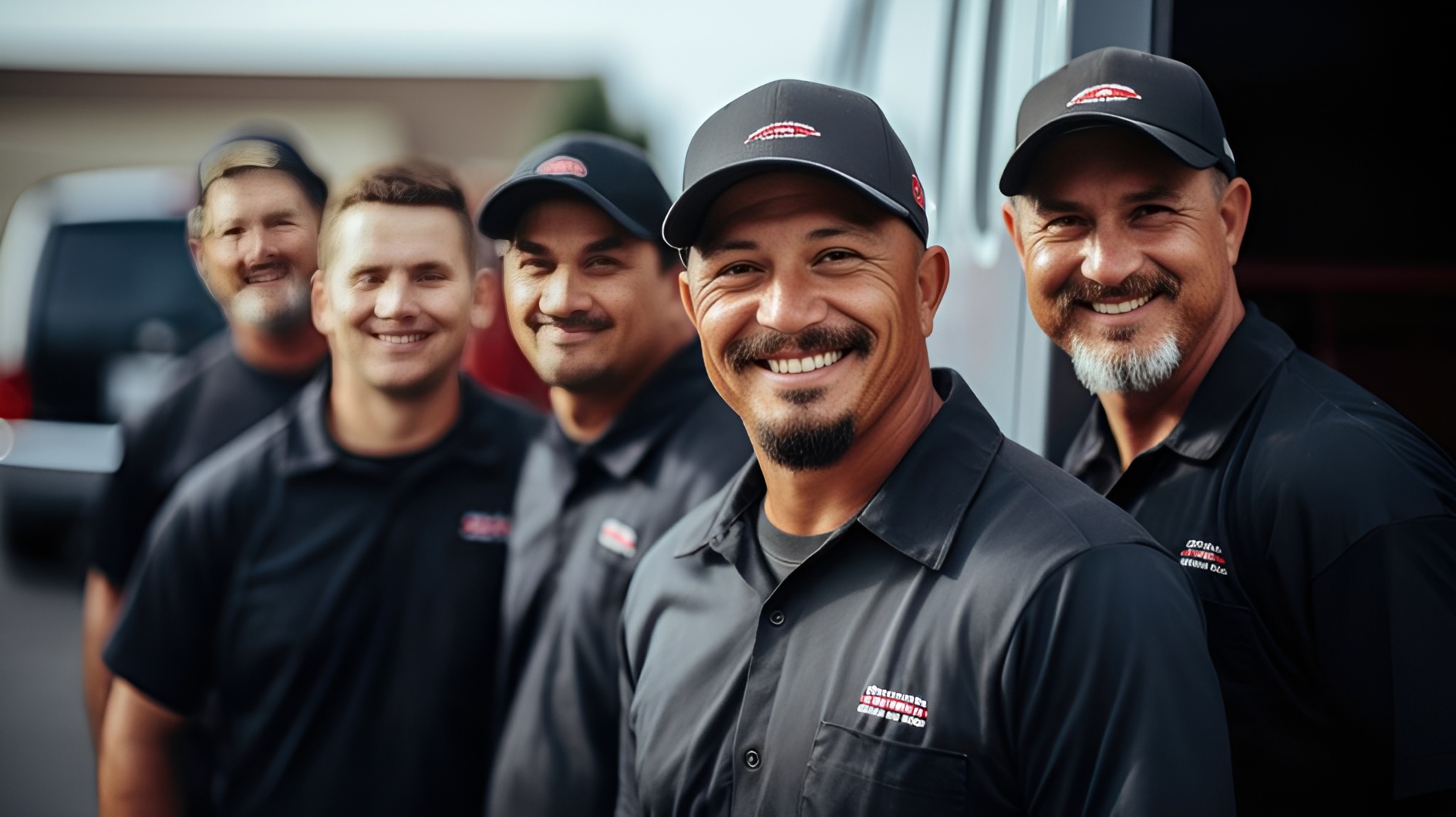 Five team members in black shirts and matching logo hats from Righteous.