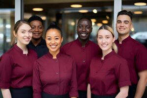 Righteous Clothing Agency team wearing coordinated burgundy uniforms, smiling together in a modern workplace setting.