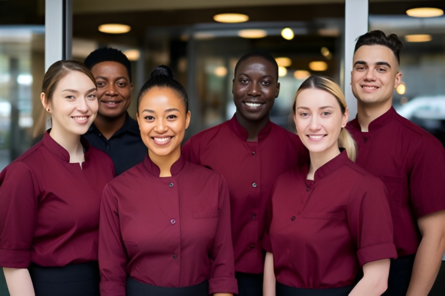Six smiling employees in matching maroon uniforms, showcasing Righteous’ branded apparel and team cohesion.