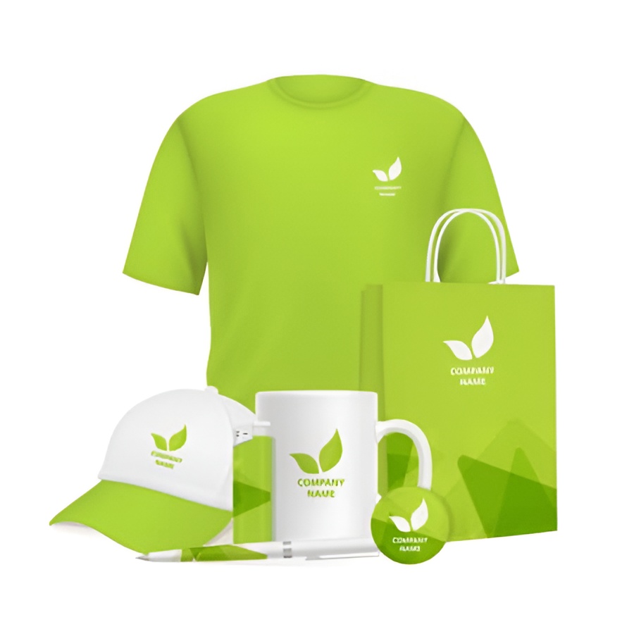 Righteous Clothing Agency-branded green apparel and merchandise set featuring a T-shirt, cap, mug, tote bag, and accessories.
