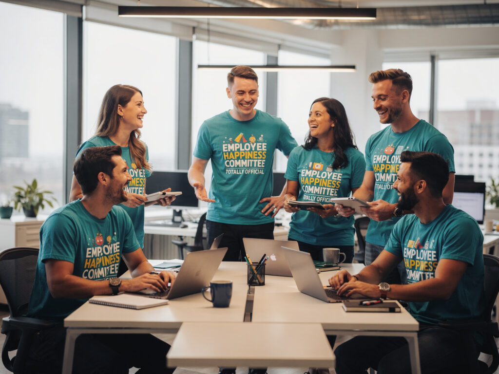 Righteous branded team T-shirts worn by employees in a modern office meeting.