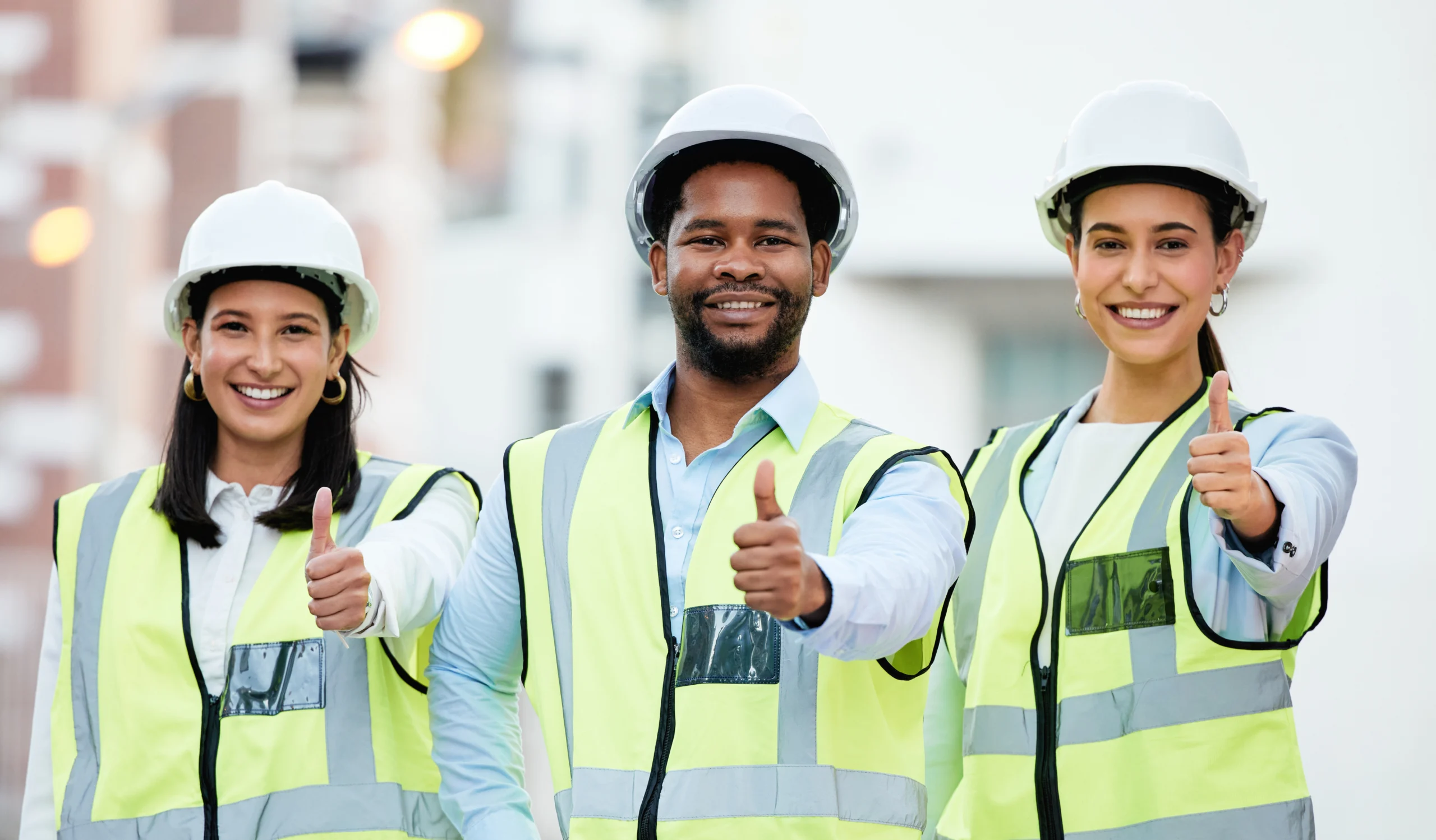 Workers in safety gear giving a thumbs up