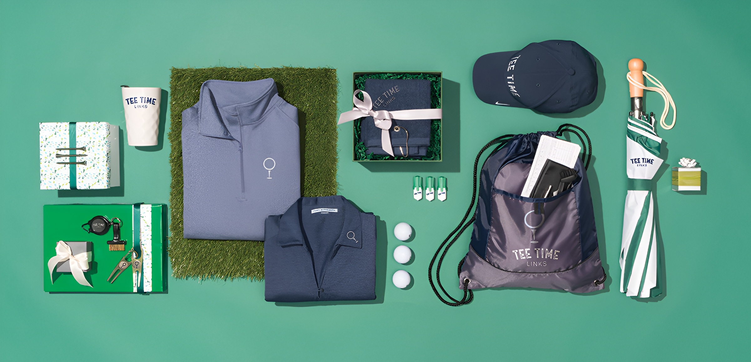 Righteous branded golf apparel and accessories arranged for a corporate gifting program.