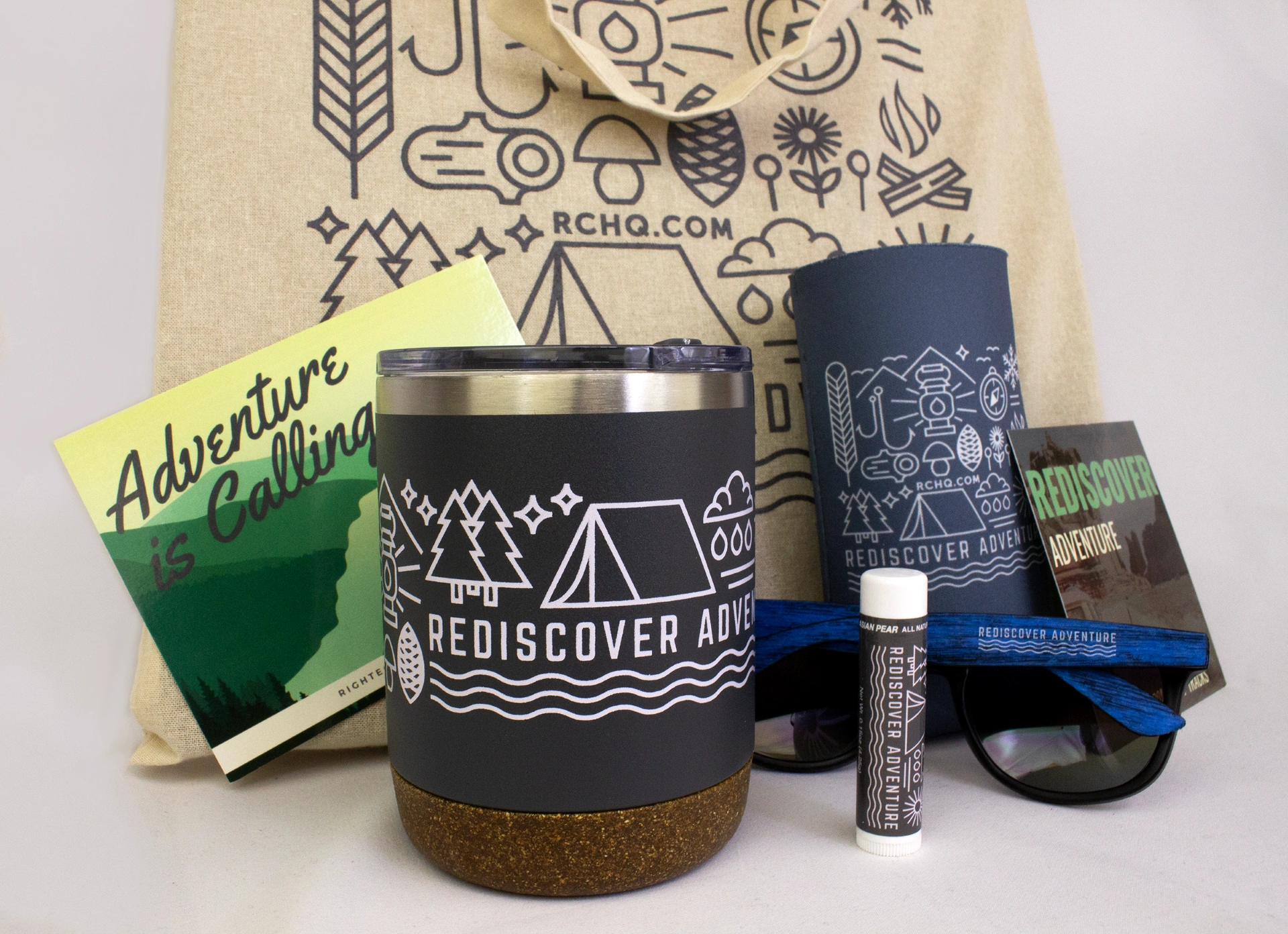 Righteous custom-branded adventure swag with a tote, tumbler, can cooler, sunglasses, and lip balm.