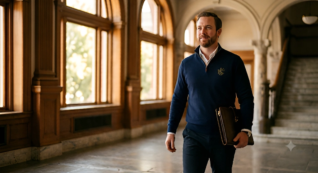 A man in a navy Righteous Clothing Agency sweater walks through a sunlit, wood-paneled hall.