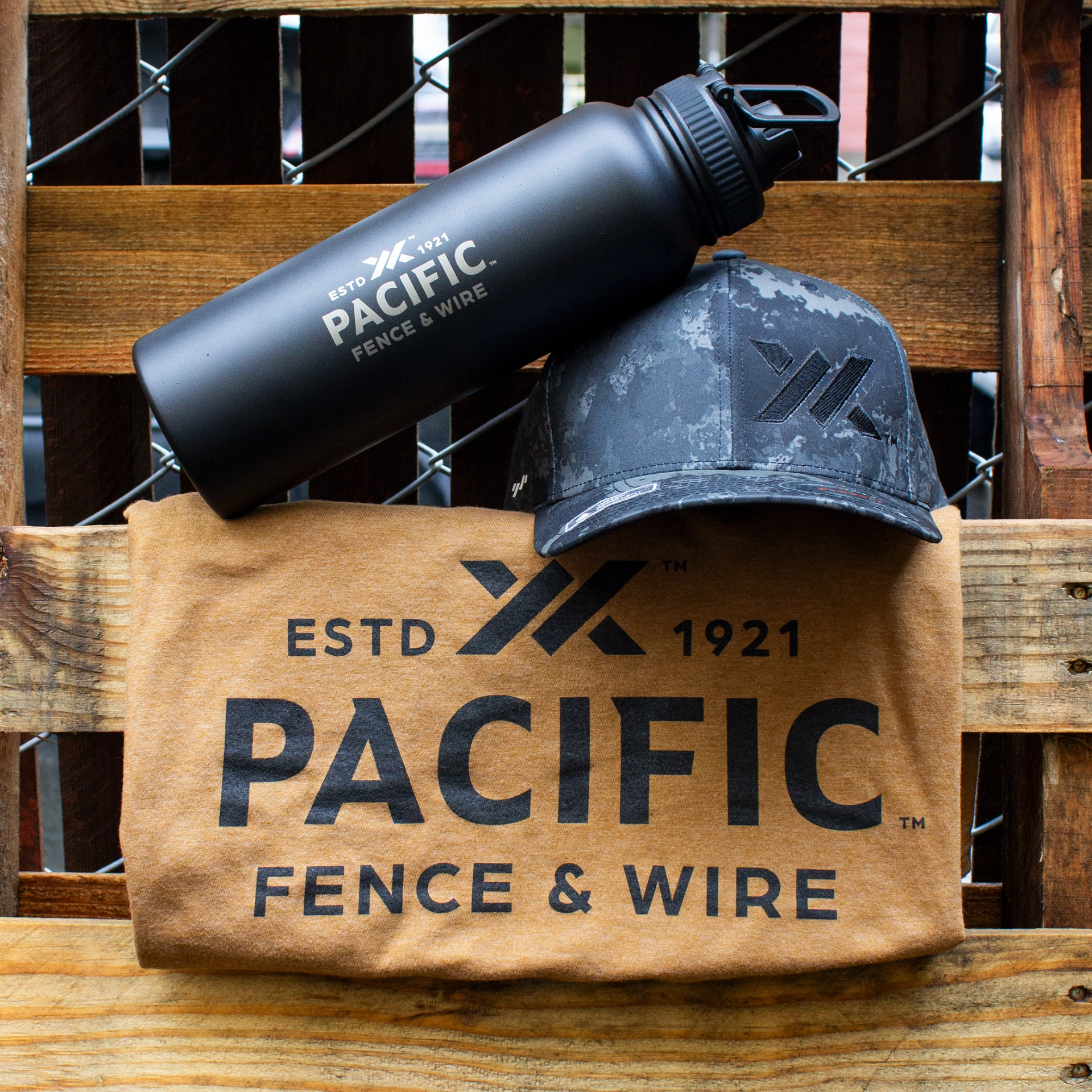 Righteous custom-branded swag with Pacific Fence & Wire bottle, cap, and tote. 