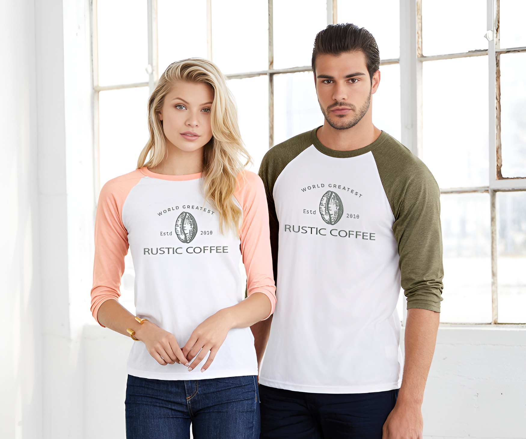 Righteous custom baseball shirts with Rustic Coffee House logo worn by two models.