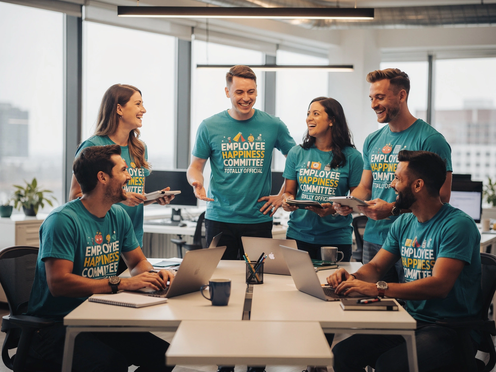 Six employees in teal Employee Happiness Committee shirts from Righteous collaborating in a bright modern office.
