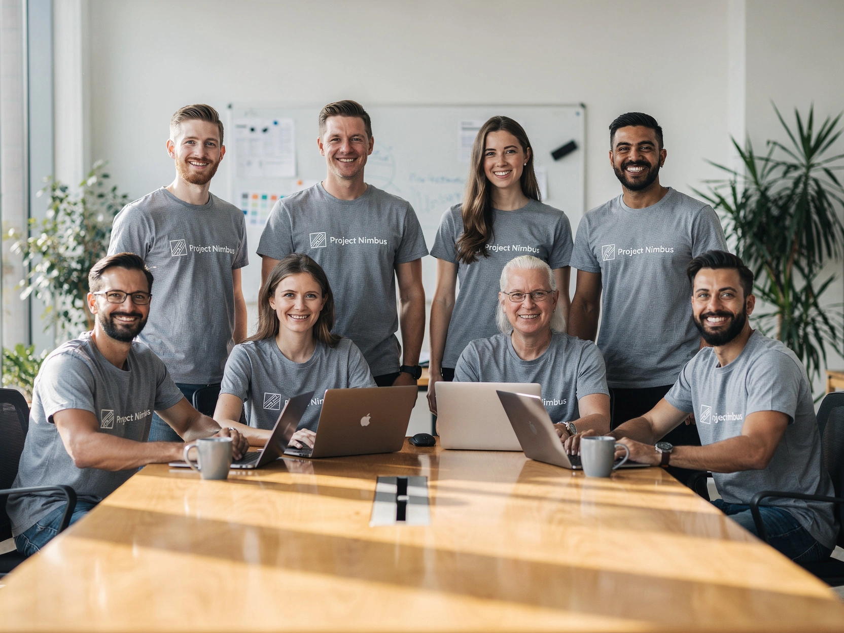 Eight smiling team members in gray Project Nimbus T-shirts from Righteous pose in an office.