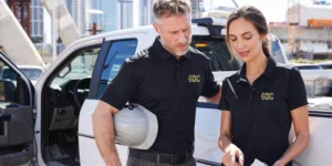 Two workers in matching black branded uniforms from Righteous review paperwork.