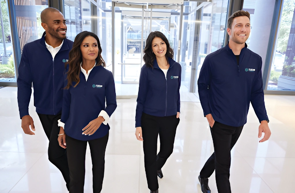 Four employees in navy-branded jackets from Righteous walking through a modern office hallway.