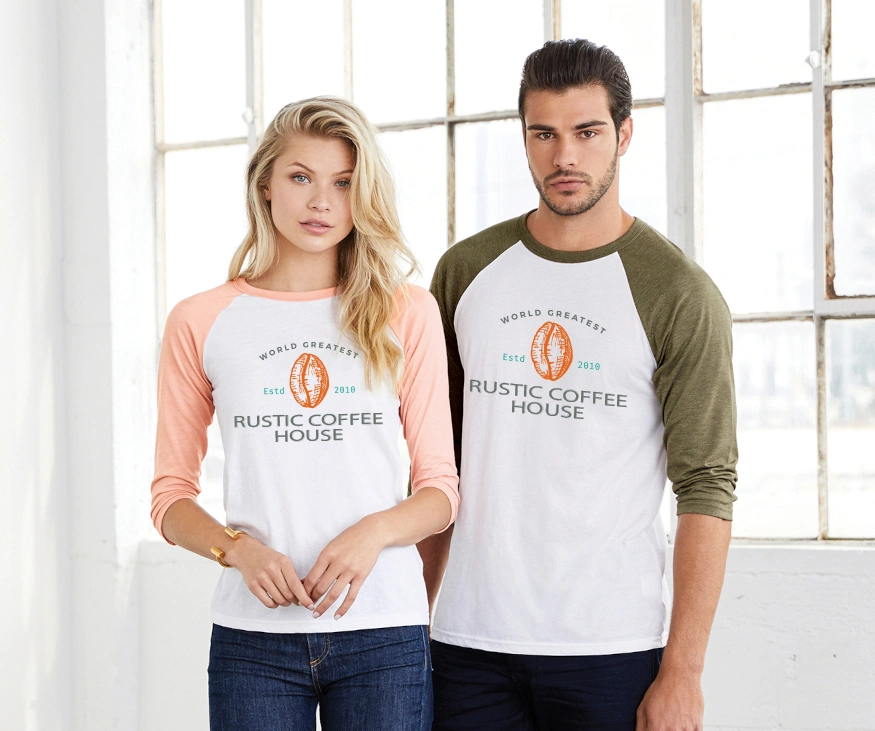 Man and woman wearing matching Righteous coffee-house-branded raglan shirts.